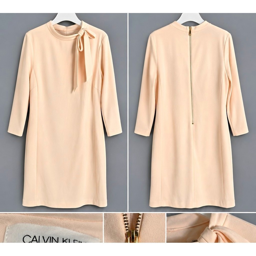 Calvin Klein Blush Pink Bow Neck Sheath Dress 14 3/4 Sleeve Career Cocktail